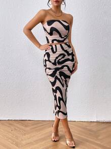 SHEIN Privé 滿版印花抹胸上衣和鉛筆裙 - 彩色 - 查看 6