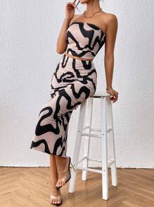 SHEIN Privé 滿版印花抹胸上衣和鉛筆裙 - 彩色 - 查看 1