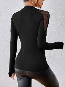 SHEIN Privé Lưới Dobby tương phản Tay Raglan Áo thun - màu đen - Xem 2