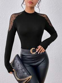 SHEIN Privé Lưới Dobby tương phản Tay Raglan Áo thun - màu đen - Xem 1