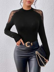 SHEIN Privé Lưới Dobby tương phản Tay Raglan Áo thun - màu đen - Xem 5