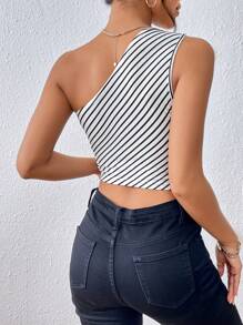 SHEIN Essnce Striped Print One Shoulder Crop Top - Black and White - View 2
