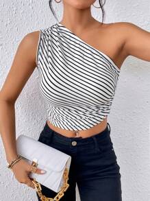SHEIN Essnce Striped Print One Shoulder Crop Top - Black and White - View 6