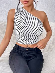 SHEIN Essnce Striped Print One Shoulder Crop Top - Black and White - View 4