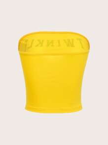 SHEIN EZwear Áo nữ Ruy băng Sọc bên Hình học Lá thư Giải trí - Màu vàng - Xem 2