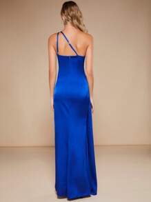 SHEIN Belle 單肩嵌入網紗垂墜高衩緞面正式洋裝 - 寶藍色 - 查看 2