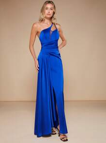 SHEIN Belle 單肩嵌入網紗垂墜高衩緞面正式洋裝 - 寶藍色 - 查看 5