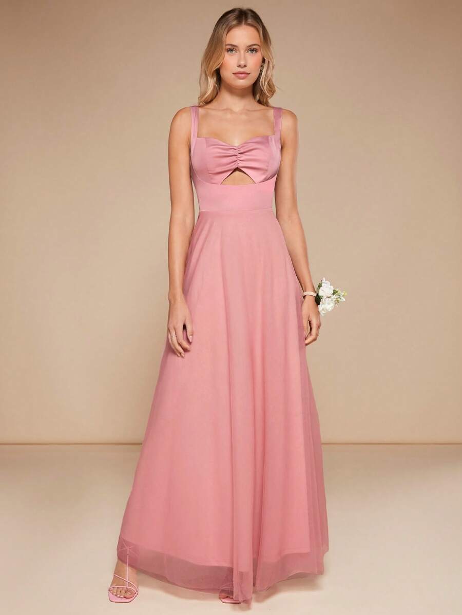 SHEIN Belle Nếp gấp Phần Ngực Cắt ra phía trước Lưới Váy Phù dâu Dây - Bụi hồng - Xem 1