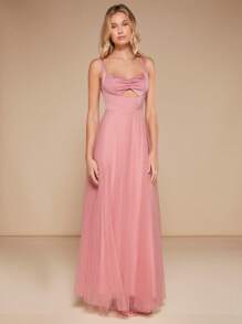 SHEIN Belle Nếp gấp Phần Ngực Cắt ra phía trước Lưới Váy Phù dâu Dây - Bụi hồng - Xem 3