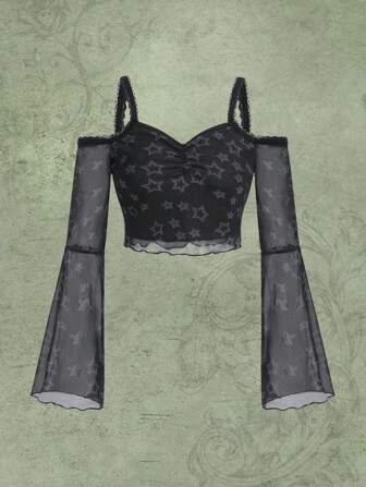 Fairycore Top con estampado de estrella de hombros descubiertos de malla