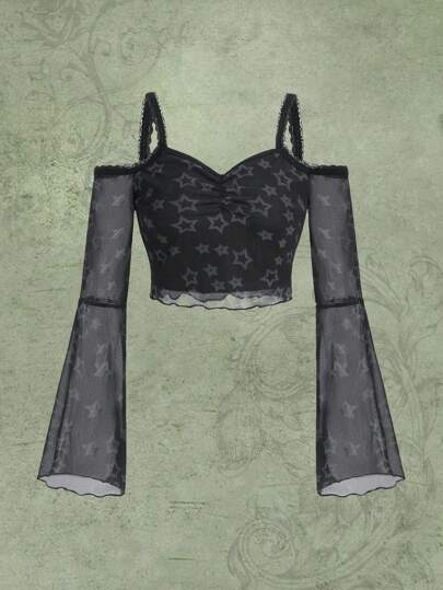 Fairycore Top Imprimé Étoile À Épaules Dénudées En Tulle