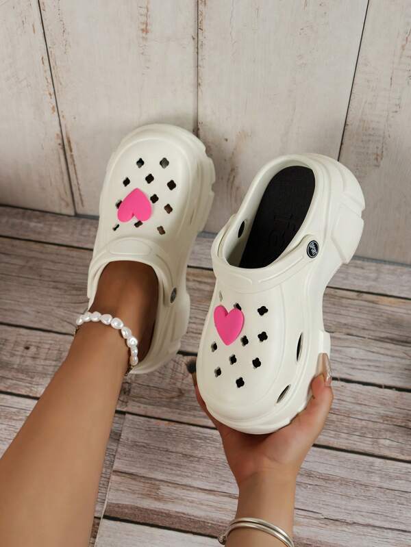 Casual Heart Patterned Thick Sole EVA Slip-On Sandals, Suitable For Outdoor, Travel, Beach In Spring/Summer