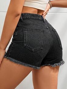 SHEIN EZwear Rhinestone Chi tiết Raw Hem Quần short Denim - màu đen - Xem 2