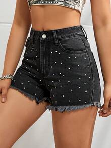 SHEIN EZwear Rhinestone Chi tiết Raw Hem Quần short Denim - màu đen - Xem 3