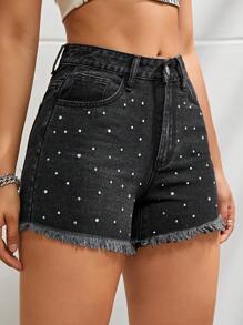 SHEIN EZwear Rhinestone Chi tiết Raw Hem Quần short Denim - màu đen - Xem 1