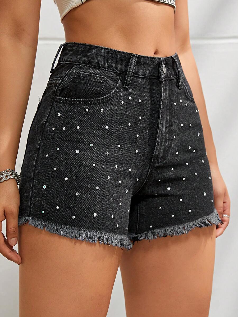 SHEIN EZwear Rhinestone Chi tiết Raw Hem Quần short Denim - màu đen - Xem 1
