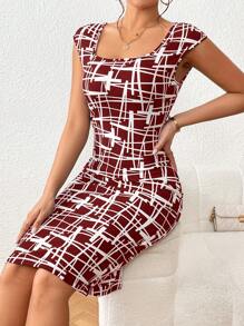 SHEIN Privé Geo Print Square Neck Bodycon Dress - Burgundy - View 1
