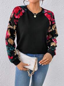 SHEIN LUNE Floral Print Raglan Sleeve Sweatshirt,Long Sleeve Tops In Fall/Winter - Black - View 4