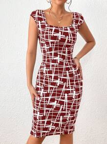 SHEIN Privé Geo Print Square Neck Bodycon Dress - Burgundy - View 3