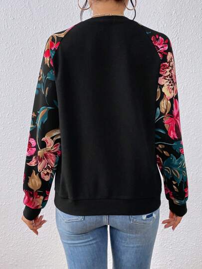 SHEIN LUNE Sudadera con estampado floral de manga raglán