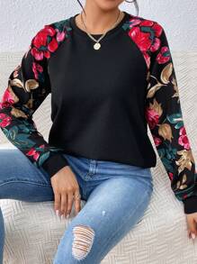 SHEIN LUNE Floral Print Raglan Sleeve Sweatshirt,Long Sleeve Tops In Fall/Winter - Black - View 5