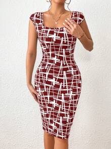 SHEIN Privé Geo Print Square Neck Bodycon Dress - Burgundy - View 4