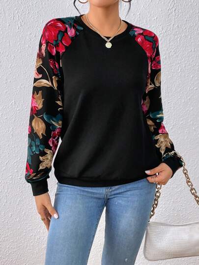 SHEIN LUNE Sudadera con estampado floral de manga raglán