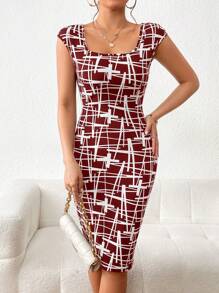 SHEIN Privé Geo Print Square Neck Bodycon Dress - Burgundy - View 5