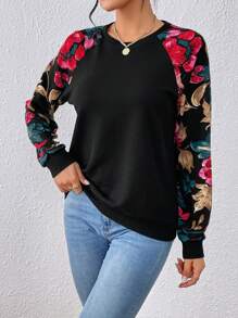 SHEIN LUNE Floral Print Raglan Sleeve Sweatshirt,Long Sleeve Tops In Fall/Winter - Black - View 6