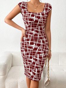 SHEIN Privé Geo Print Square Neck Bodycon Dress - Burgundy - View 6