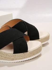 女士交叉編織坡跟涼鞋,度假夏天涼鞋 - 黑色 - 查看 3