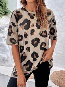 SHEIN LUNE Fashionable Leopard Print Oversized Round Neck Drop Shoulder Women's Basic T-Shirt - Multicolor - View 1