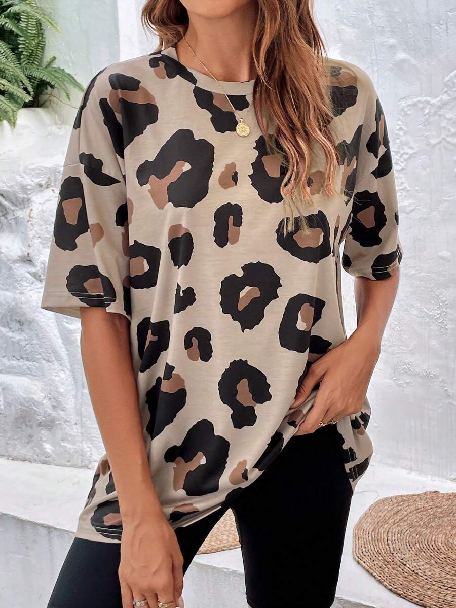 SHEIN LUNE Fashionable Leopard Print Oversized Round Neck Drop Shoulder Women's Basic T-Shirt - Multicolor - View 1