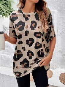 SHEIN LUNE Fashionable Leopard Print Oversized Round Neck Drop Shoulder Women's Basic T-Shirt - Multicolor - View 3