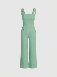 SHEIN MOD Solid Knot Shoulder Wide Leg Jumpsuit - Mint Green - View 1