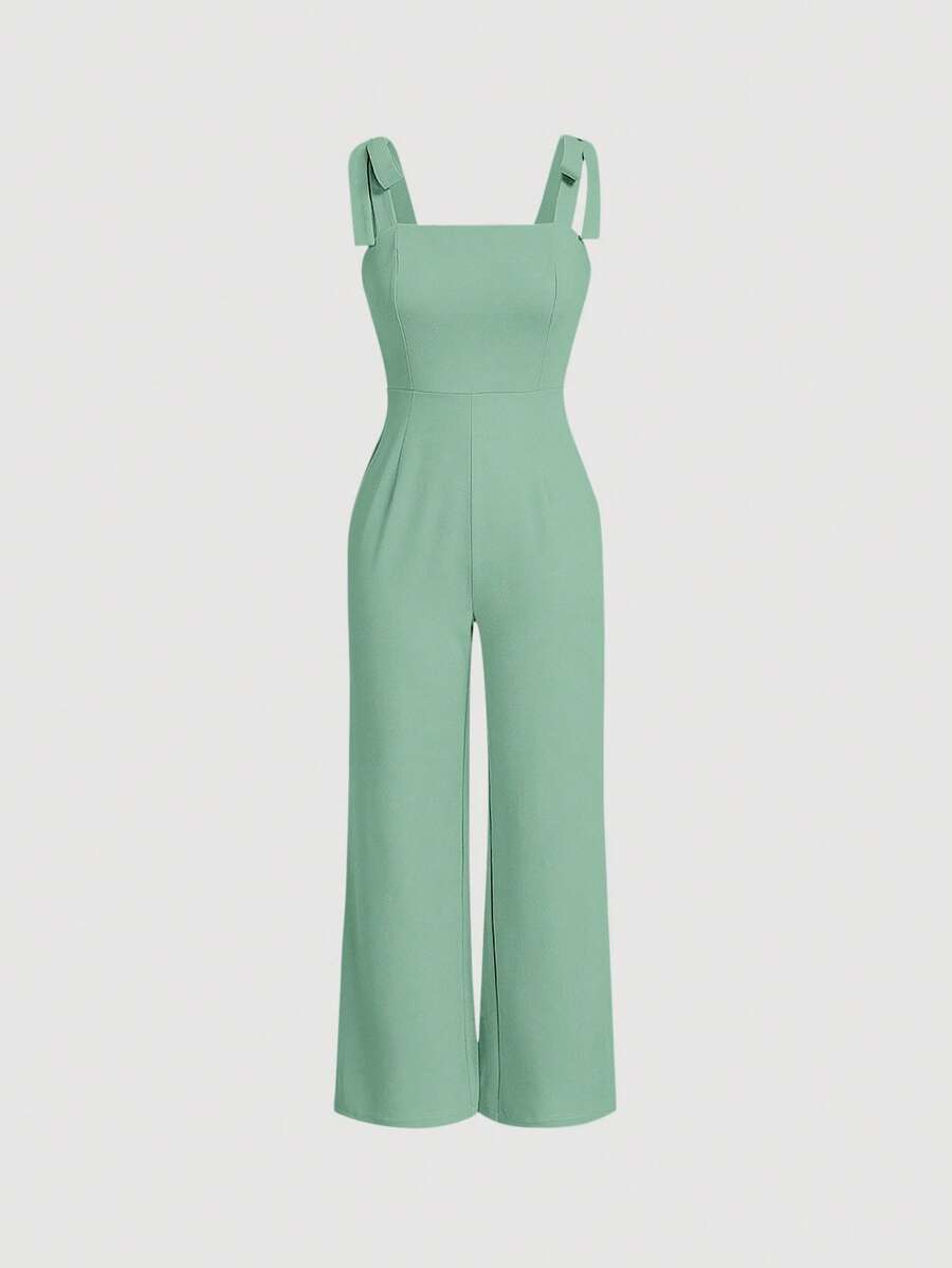 SHEIN MOD Solid Knot Shoulder Wide Leg Jumpsuit - Mint Green - View 1
