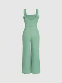 SHEIN MOD Solid Knot Shoulder Wide Leg Jumpsuit - Mint Green - View 2