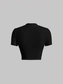 SHEIN MOD Solid Ribbed Knit Crop Tee - Black - View 2