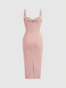 SHEIN Belle 素色後背開衩吊帶連衣裙 - 藕粉色 - 查看 2