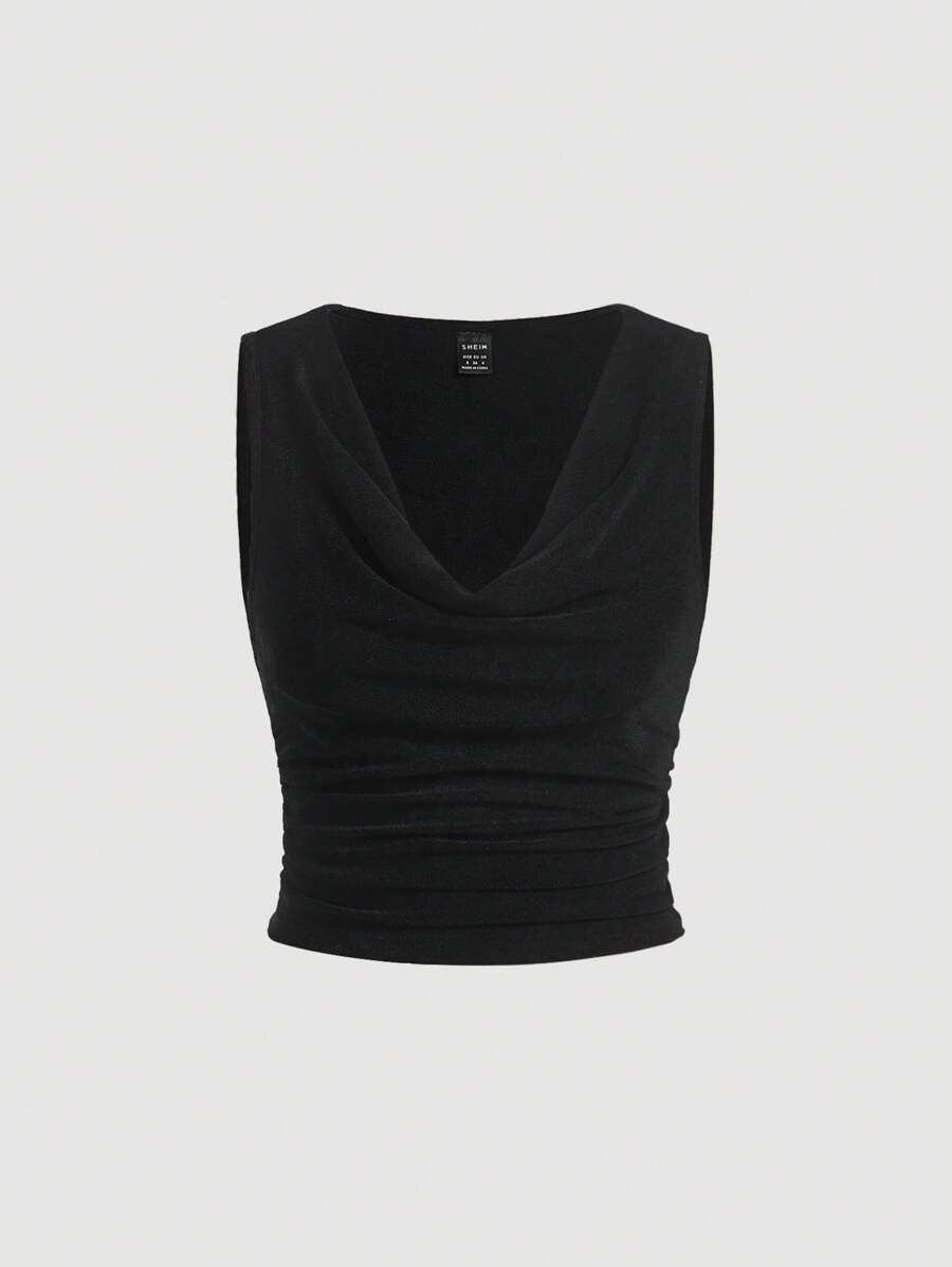 SHEIN MOD Draped Collar Ruched Tank Black Summer Top - Black - View 1