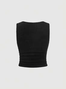 SHEIN MOD Draped Collar Ruched Tank Black Summer Top - Black - View 2