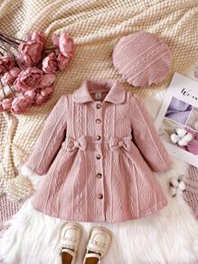 Baby Girl Solid Bow Front Coat & Hat - Dusty Pink - View 1
