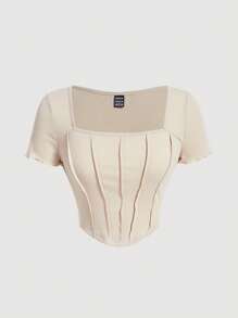 SHEIN MOD Áo thun nữ Bất đối xứng Xù nhỏ Gân đan màu trơn Giải trí - Màu be - Xem 1