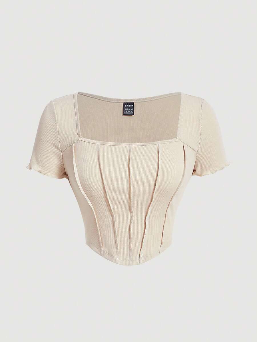 SHEIN MOD Áo thun nữ Bất đối xứng Xù nhỏ Gân đan màu trơn Giải trí - Màu be - Xem 1