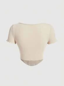 SHEIN MOD Áo thun nữ Bất đối xứng Xù nhỏ Gân đan màu trơn Giải trí - Màu be - Xem 2