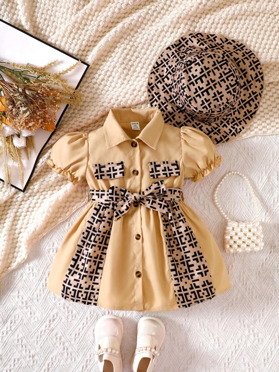 Đứa bé gái In Địa lý Ống tay áo Thắt lưng Váy sơ mi & Mũ - Màu be - Xem 1