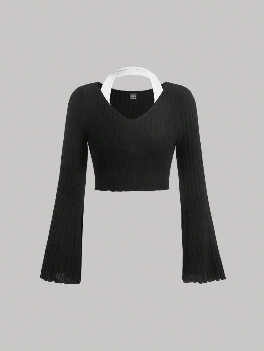 SHEIN MOD 素色木耳邊T恤 - 黑色 - 查看 1