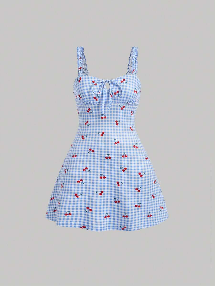SHEIN MOD Cherry Print Gingham Cami Dress,Pastel Dresses For Women