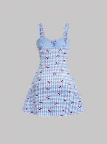 SHEIN MOD Cherry Print Gingham Cami Dress,Pastel Dresses For Women