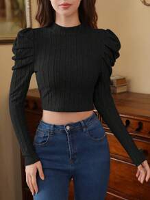 SHEIN MOD 羊腿袖短款T恤 - 黑色 - 查看 1